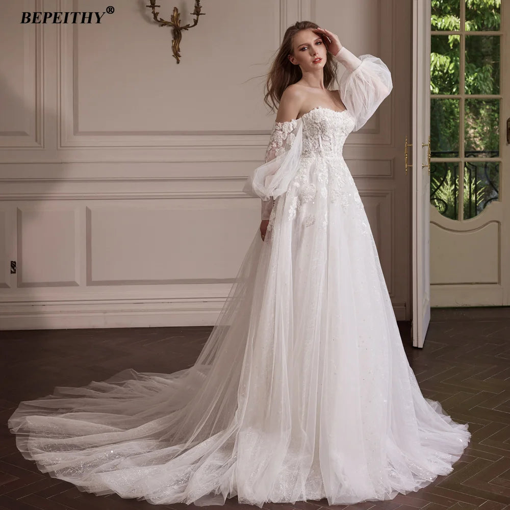 BEPEITHY Customized Strapless A Line Off Shoulder Long Sleeves Bride Ivory Wedding Dresses Glitter Court Train Bridal Gown 2025 Badiee Stylez