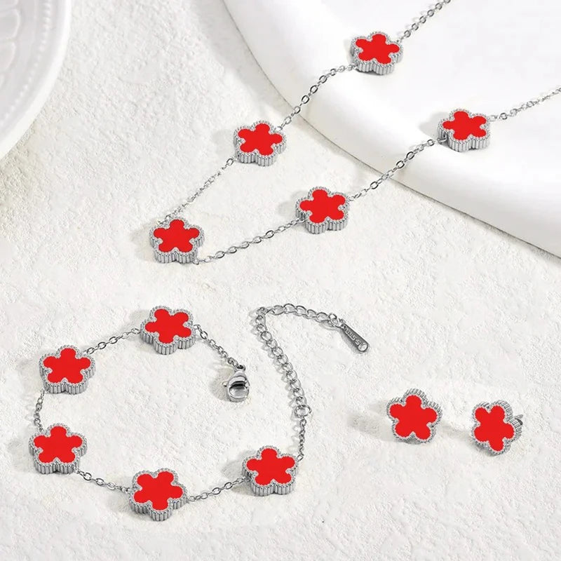 Stainless Steel Sets Earrings Necklace Bracelet Christmas Birthday Gifts Gold Plated Women's Double Sided Flower Elegant Fashion