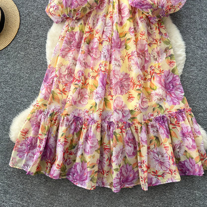 Chic vintage long sleeve lantern sleeve V-neck print pleated Elegant Fairy korean dress women clothing Long dress