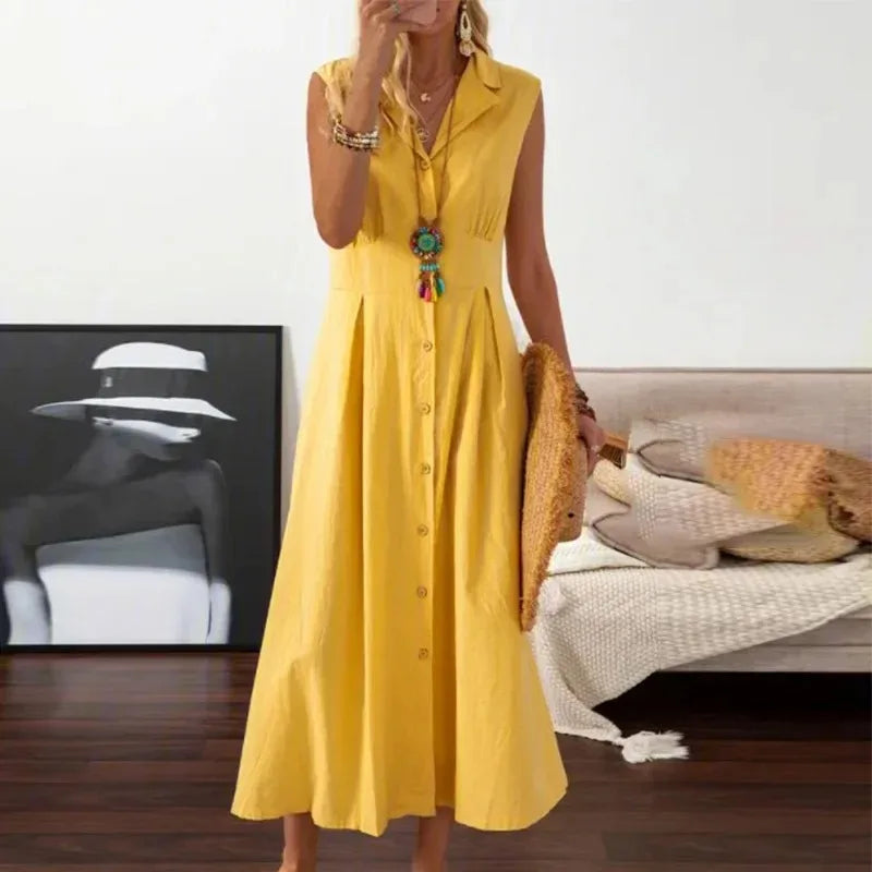 New Dresses 2025 Woman Fashion Lapel A-line Vintage Cotton Linen Long Skirt Women's Clothing Tops