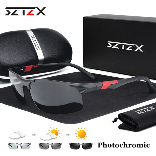 SZTZX Aluminum Rimless Photochromic Sunglasses Men Polarized Day Night Driving Glasses Chameleon Anti-Glare Sport gafas de sol
