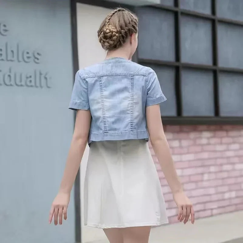 Lucyever Korena Y2K Cropped Jacket Women Casual Short Sleeve Denim Jackets Female Summer Thin Single-Breasted Jeans Outerwear