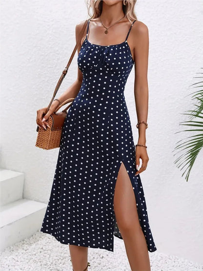 2024 Summer Sexy Spaghetti Straps Dress Women Fashion Polka Dot Print Sleeveless Slit Dress Boho Casual Beach Midi Dresses Badiee Stylez
