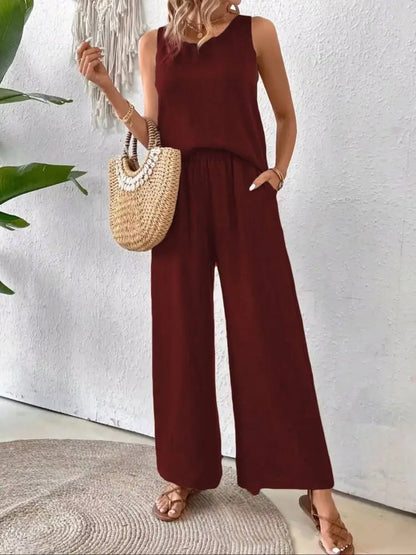 Hollow Out 2 Piece Sets Women Lace Sleeveless Top Wide Leg Pants Set Solid Color New Matching Sets 2 Piece Sets Women New 2024