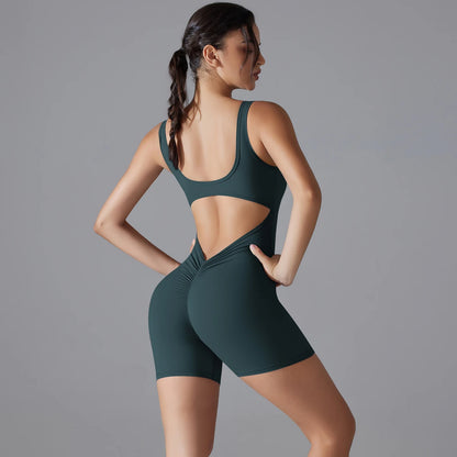 New V Back Scrunch Sports Jumpsuit Women Gym Rompers Sleeveless Sportswear Bodysuits Women Casual One-Piece Suit Yoga Clothing Jungle Green