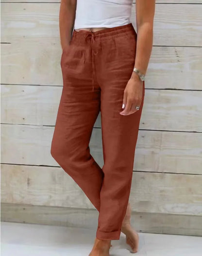Women Cotton Linen Pants Summer Female High Elastic Waist Drawstring Pocket Beachwear Holiday Straight Trousers JYFS-1044 Brick Red