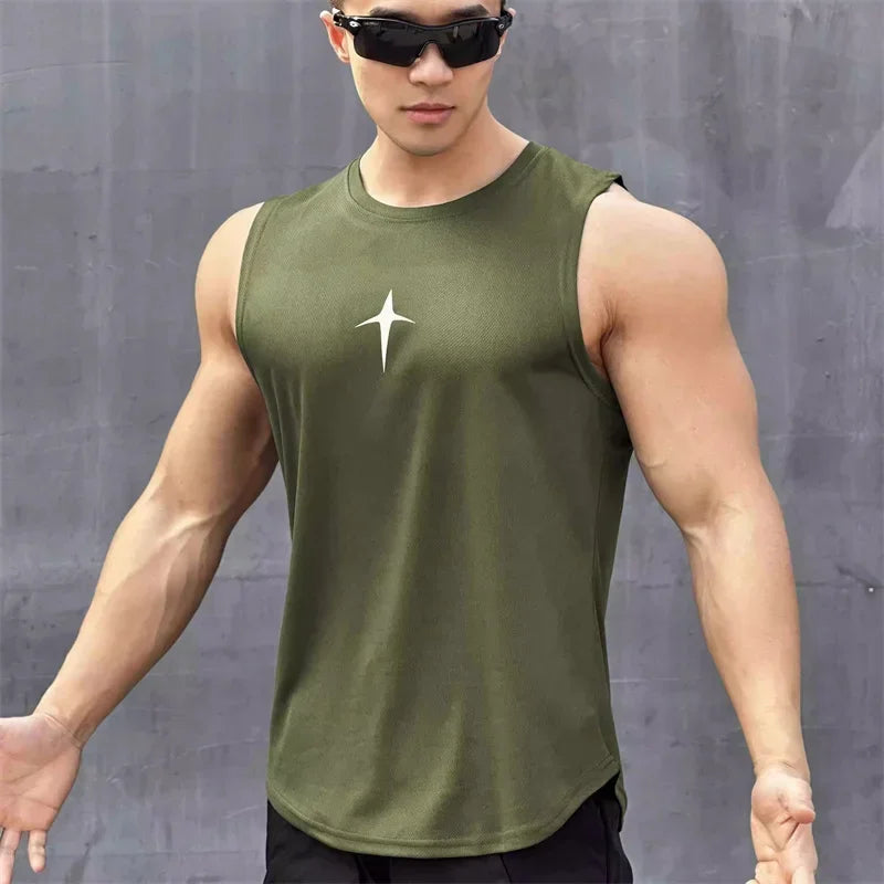 summer Sleeveless vest outdoor sport tank top running fitness undershirt quick drying round neck gym T-shirt men Breathable tops Army green