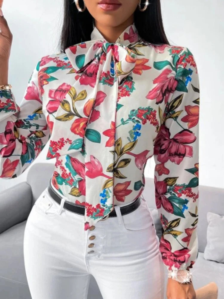 Women's Fashion Work Clothes Floral Print Bow Tie Shirt Fashion Office Dress up Women's Business Casual Clothing Badiee Stylez