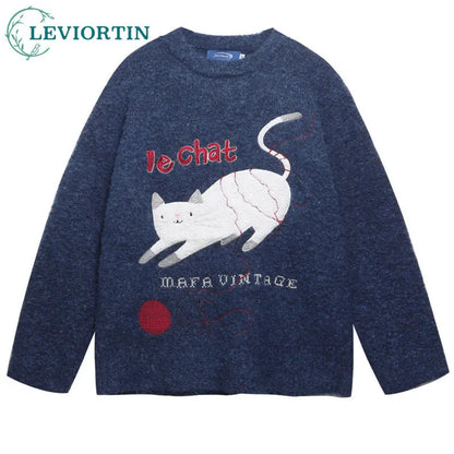 2025 Autumn and winter men's and women's American retro fun cute cat jacquard knitted sweater loose and lazy couple's top Badiee Stylez