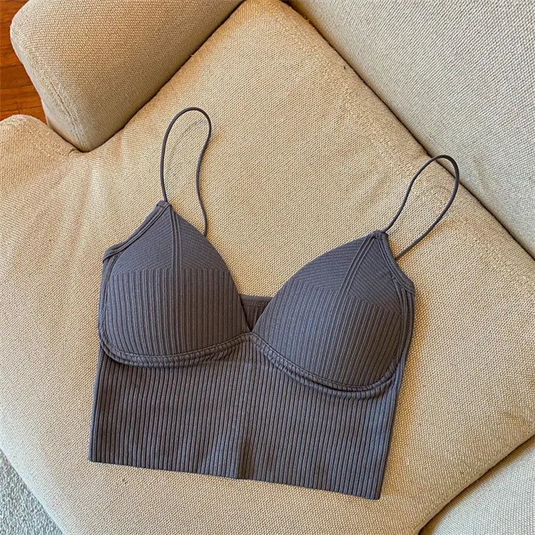 V-Neck Camisole Women Sexy Stretch Push Up Bra with Chest Pads Knitted Crop Top for Female Short Tube Top Tops Bralette Y2k Style1 Gray One Size
