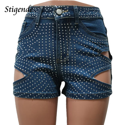 Stigende Rhinestone Cut Out Short Jeans Women Sexy Slim Fit Sequin Denim Shorts Y2K