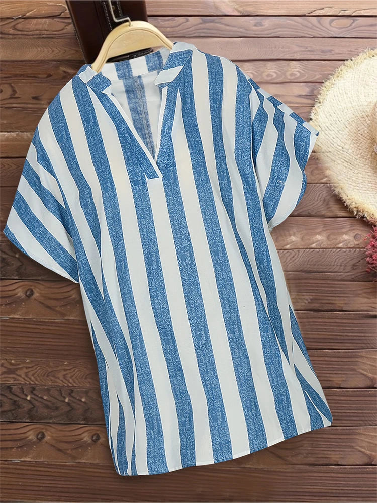 Plus Size 2024 Summer New Women's Striped Pullover T-Shirt V-Neck Short Sleeve Casual Tops Polyester Blue