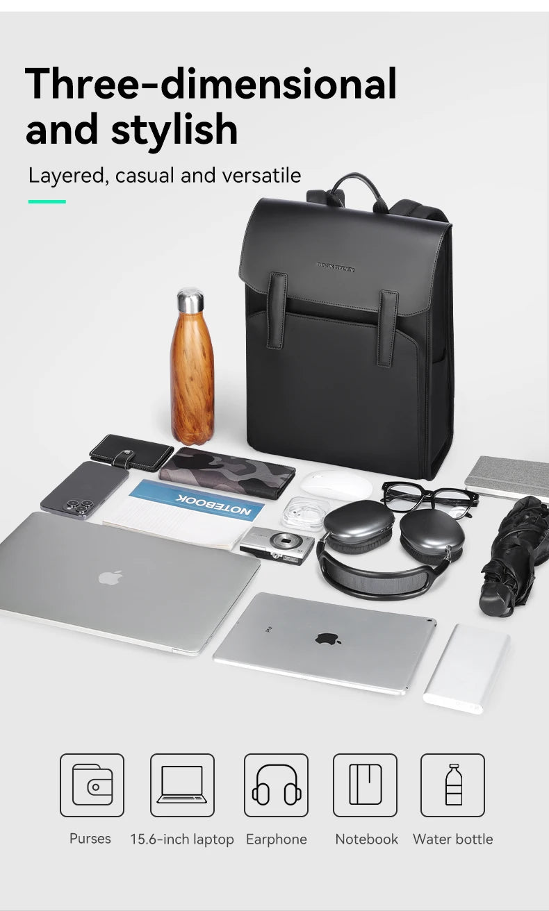 Mark Ryden Classic Business Work Black Leather Backpack 15.6 Inch Laptop Waterproof Bag School Bags Business bacbackpack for men