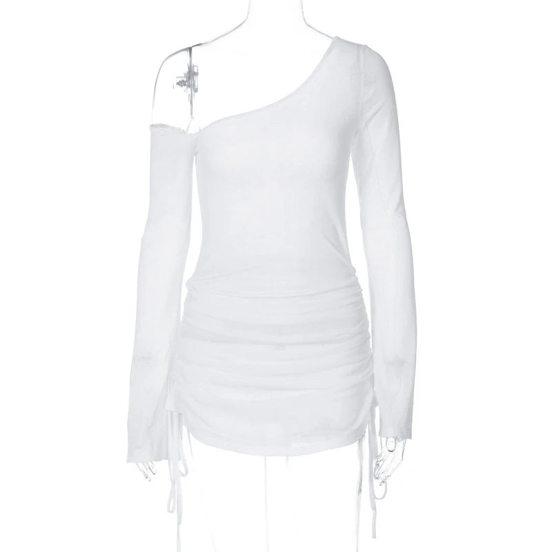 Women Off-Shoulder Dress for Beach Cocktail Club See Through Sheer Drawstring Ruched Long Sleeve Party Mini Dress Streetwear WHITE