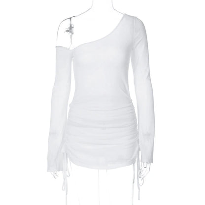 Women Off-Shoulder Dress for Beach Cocktail Club See Through Sheer Drawstring Ruched Long Sleeve Party Mini Dress Streetwear WHITE