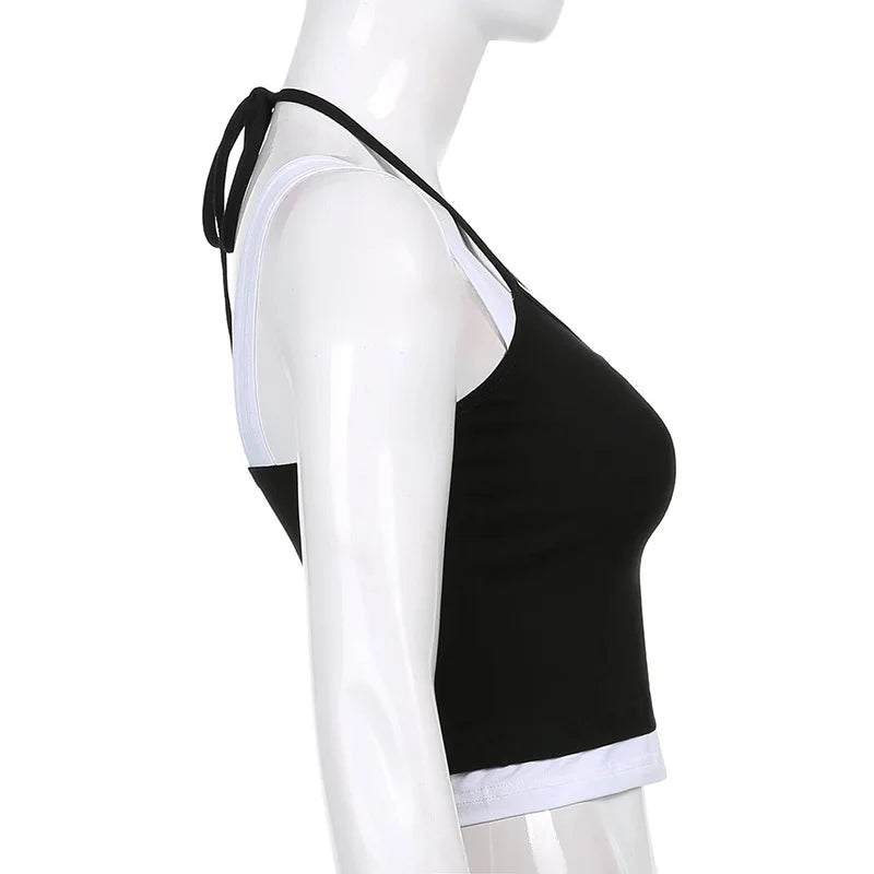 Women Hollow Out Black Y2K Tees Sleeveless Skinny Tops Cool Punk T-shirts Techwear 2023 Spring Summer New Sexy Crop Top