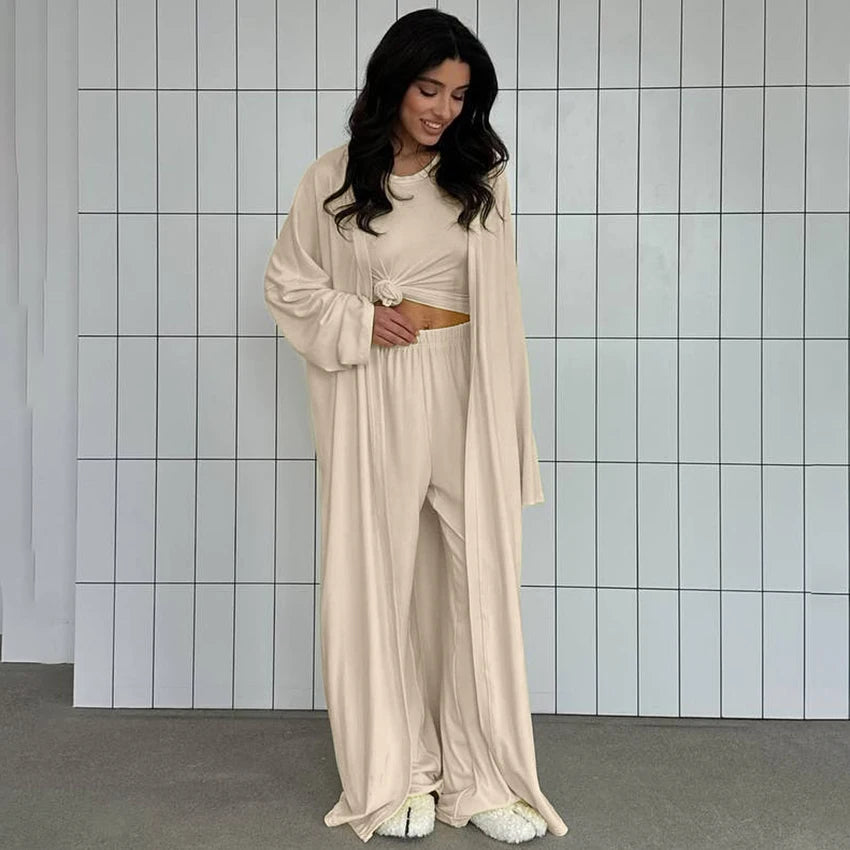 Hiloc Elegant Knit 3 Piece Sets Summer Casual Loose Sleepwear Street Chic Elastic Waist Pants Fashion Long Sleeve Shirts 2025 Apricot