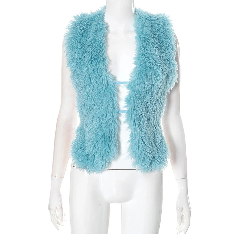 BKLD Sexy Temperament Fluffy Tops For Women High Street Y2K Nightclub Outfits Faux Fur Backless Lacing Solid 2025 Vest Waistcoat Blue