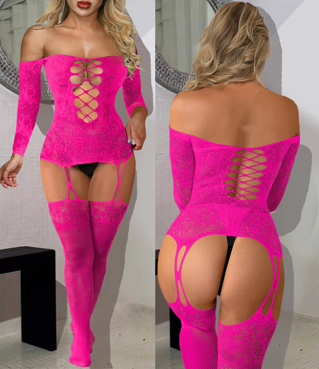 Sleepwear women sexy lingerie Babydoll BODYSUIT Mesh Floral BodyStocking Intimate Catsuit wedding night product erotic plus size fluorescent pink S-XXL