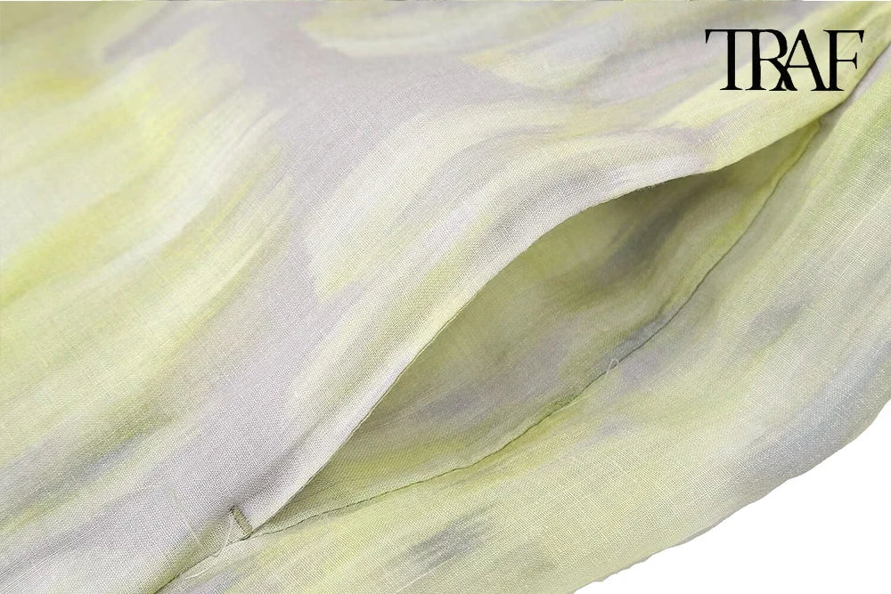 TRAF Women's single-breasted V-neck long-sleeved shirt Drawstring high-waisted wide-legged trousers Retro Printed Cotton Set