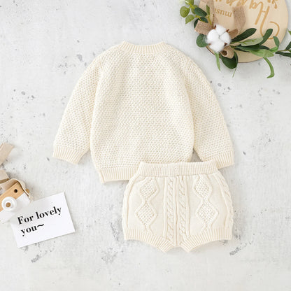 Baby Clothes Sets Cotton Knitted Newborn Boys Girl Sweater Long Sleeve +Pants Autumn Infant Children Cardigan +Shorts 0-18M 2PCS