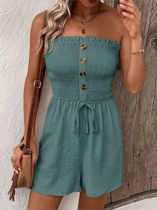 Summer Fashion Splicing Women's Solid Color Sexy Sleeveless Bra Button Tie Waist Casual Comfortable Jumpsuit Shorts 3/4