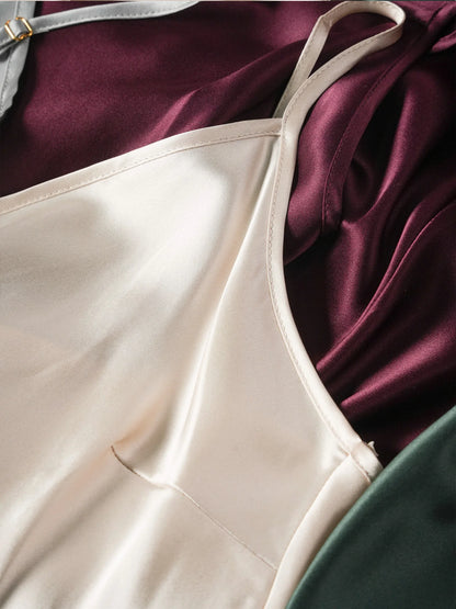 Small Heavyweight 21MM 100% Natural Mulberry Silk Plain Satin French V-neck Diagonal Cut Women's Sexy Solid Suspender Dress Badiee Stylez