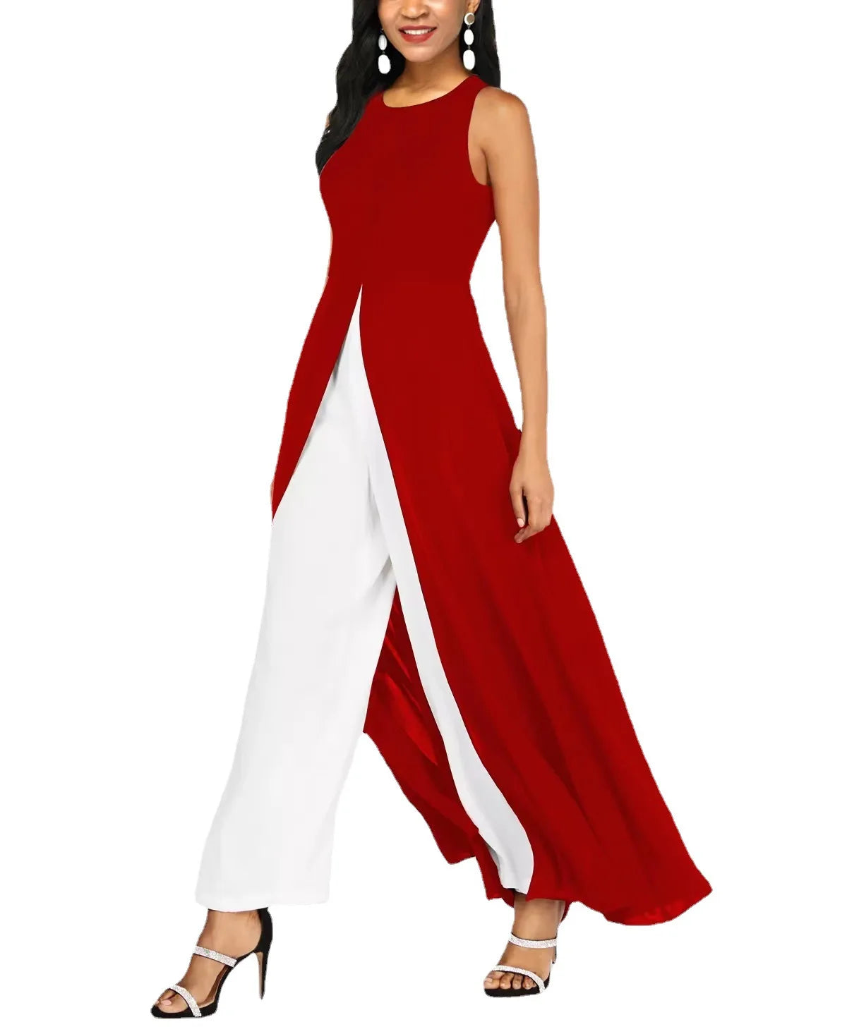 Women Summer Jumpsuit Milk Silk Patchwork Splicing Chiffon Slim Round Neck Sleeveless Jumpsuit Woman Vestidos YML00372 Badiee Stylez