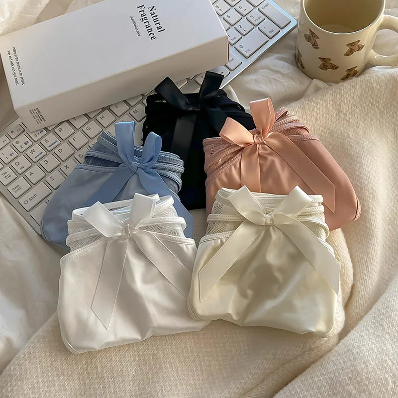 5Pcs Silk underwear, Women's intimate sexy lovely soft ﻿comfortable bowknot silk light thin triangular pants lace splicing