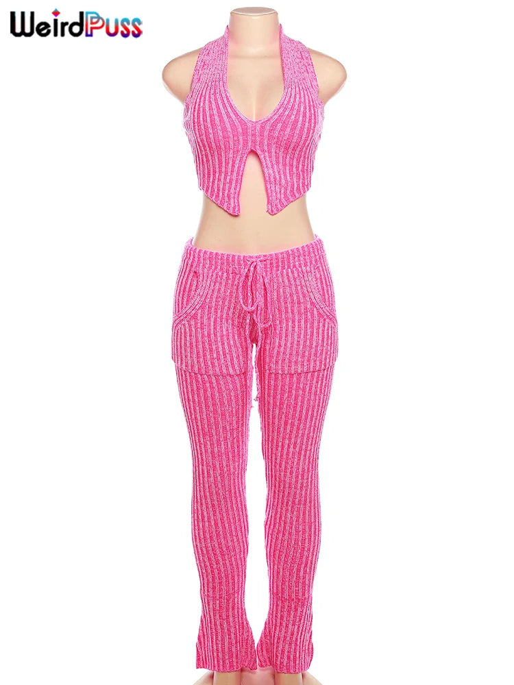 Weird Puss Patchwork Striped Women Casual 2 Piece Set Crochet Halter Low-Neck Vest+Pocket Pants Stretch Skinny Matching Suit Badiee Stylez