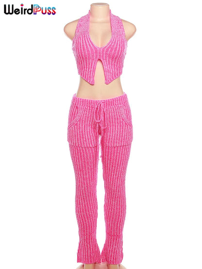 Weird Puss Patchwork Striped Women Casual 2 Piece Set Crochet Halter Low-Neck Vest+Pocket Pants Stretch Skinny Matching Suit Badiee Stylez