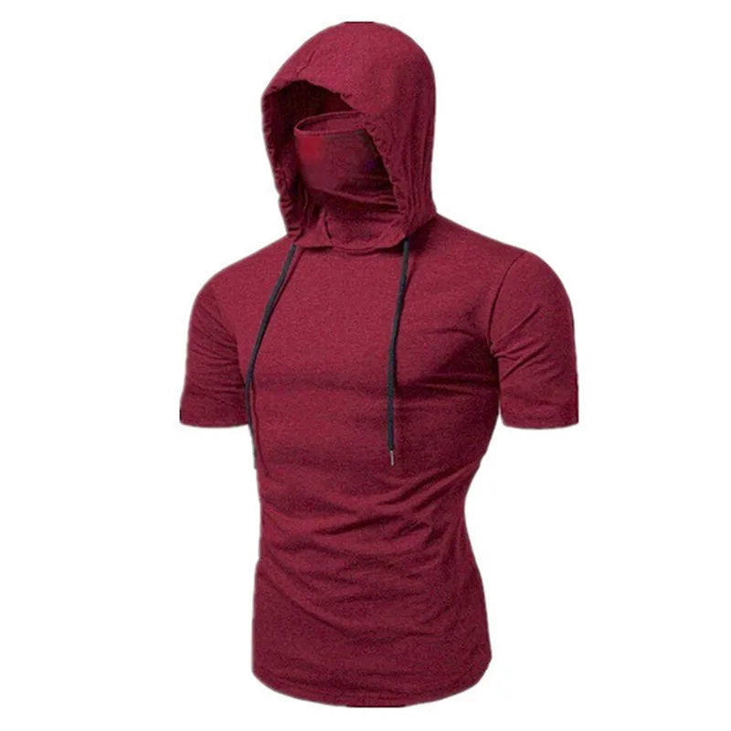 Mens Gym Thin Hoodie Short Sleeve Hoodies With Mask Sweatshirt Casual Splice Large Mask Hoodie Sweatshirt Hooded Tops Cycling Badiee Stylez