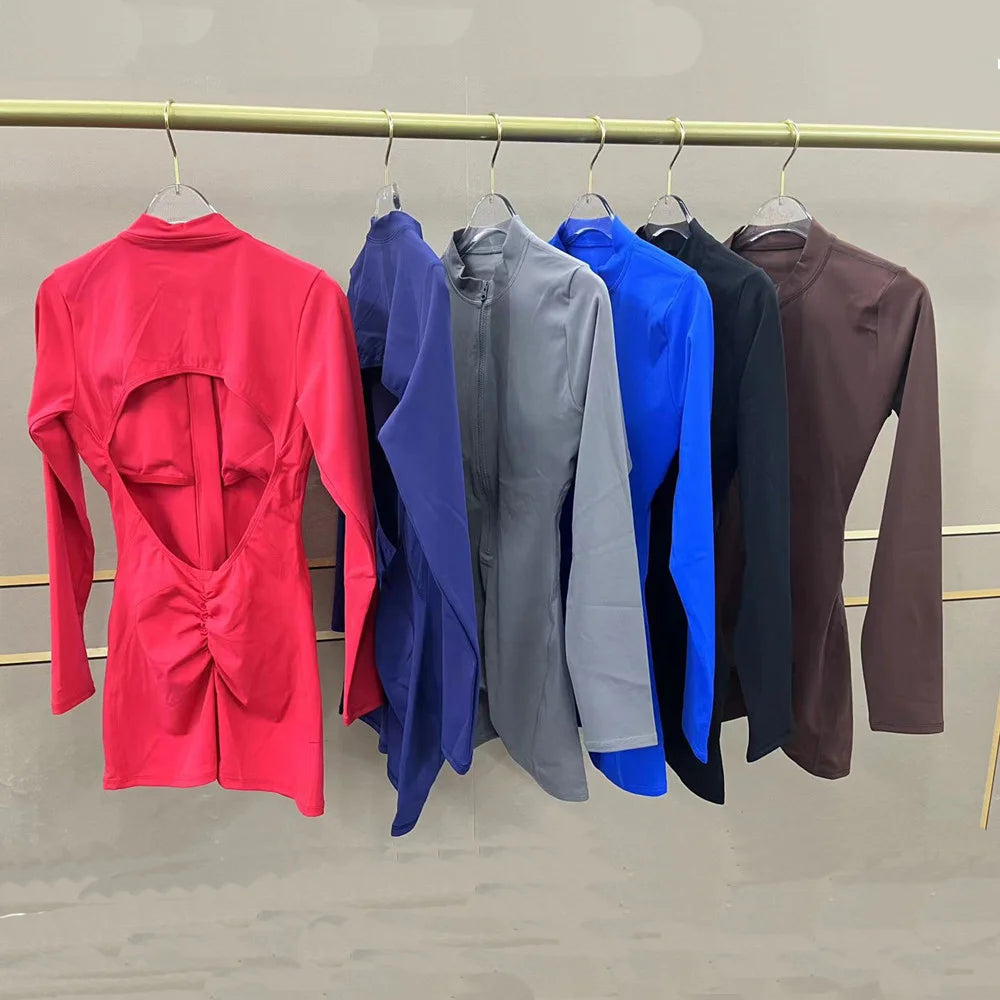 2025 Pad Zipper Long Sleeve Yoga Set Women One Piece Jumpsuit Gym Workout Shorts Fitness Bodysuit Sports Athletic Suit XP358 Badiee Stylez