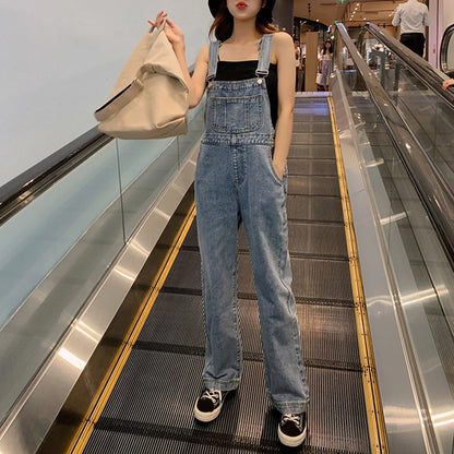 Denim Jumpsuit Summer Women Vintage Preppy Style Pockets Loose Fit High Waist Wide Leg Overalls Streetwear Straight Jeans