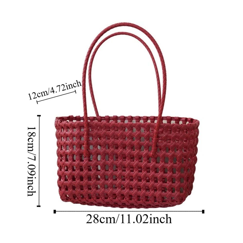 Plastic Hollow Weave Bag Countryside Style Bohemian Style Beach Tote Bag Large Capacity Bucket Bag Vegetable Basket Bag