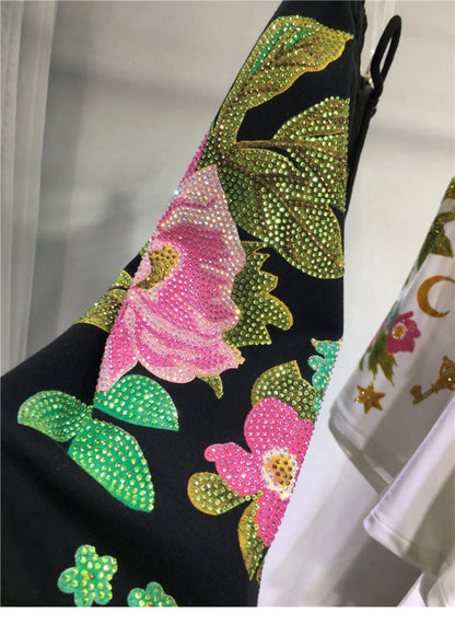 Oversized rhinestone diamond high-waisted black adjustable waist wide leg slacks Women's shorts