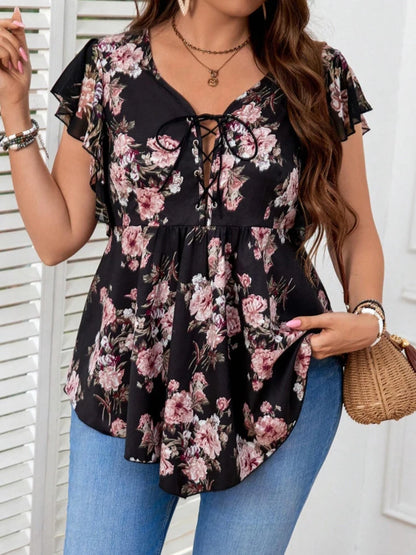 Plus Size Floral Printed Women’s Shirt Blouse Elegant Ruffle Sleeveless Lace-up V-Neck Female Summer Top Casual Vacation Blouses Pink