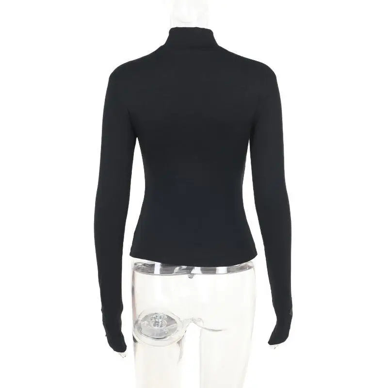 Turtleneck Top Y2k Clothes Black Gothic Cross Hollow Slimming Bottom T Shirt for Women Long Sleeve Sexy T-shirt Girls Tops Badiee Stylez