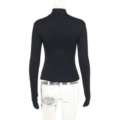 Turtleneck Top Y2k Clothes Black Gothic Cross Hollow Slimming Bottom T Shirt for Women Long Sleeve Sexy T-shirt Girls Tops Badiee Stylez