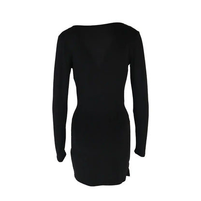 Sexy Black Dresses Autumn New Women Mini Dresses Streetwear Fashion Folds Long Sleeves V-Neck Dress Casual Slim Elegant Clothing