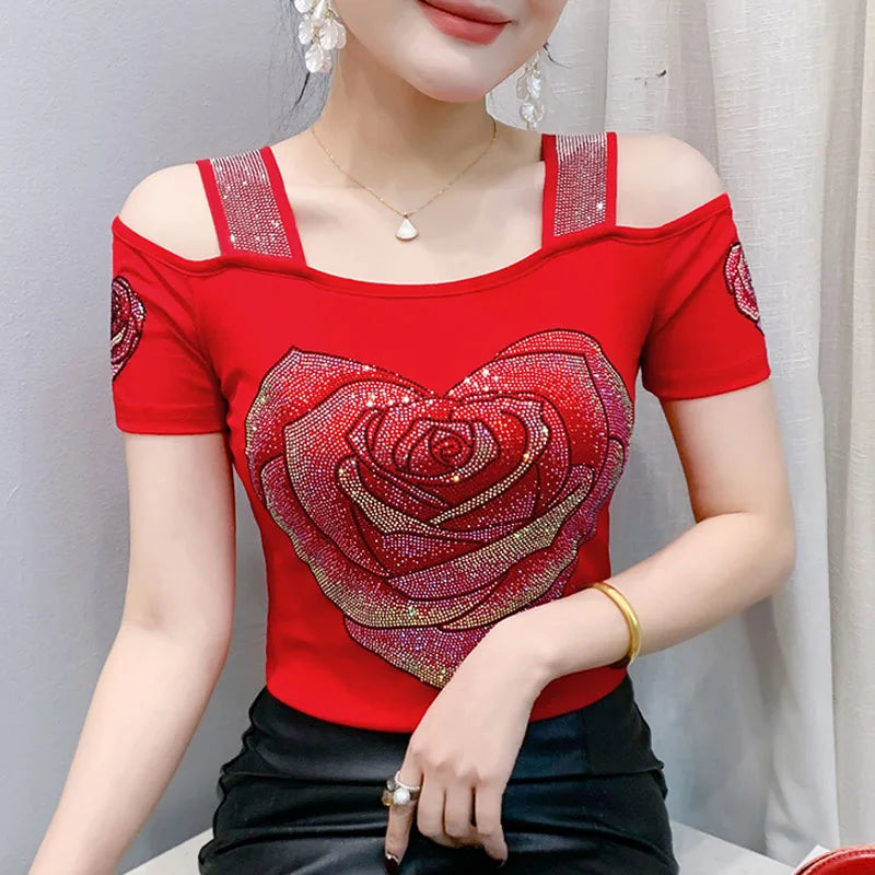 Aoxison Summer Short Sleeved Women's T-Shirt Elegant Slim Shiny Love Heart Diamonds Mesh Tops Chic Girl Sexy Off Shoulder Tees Red