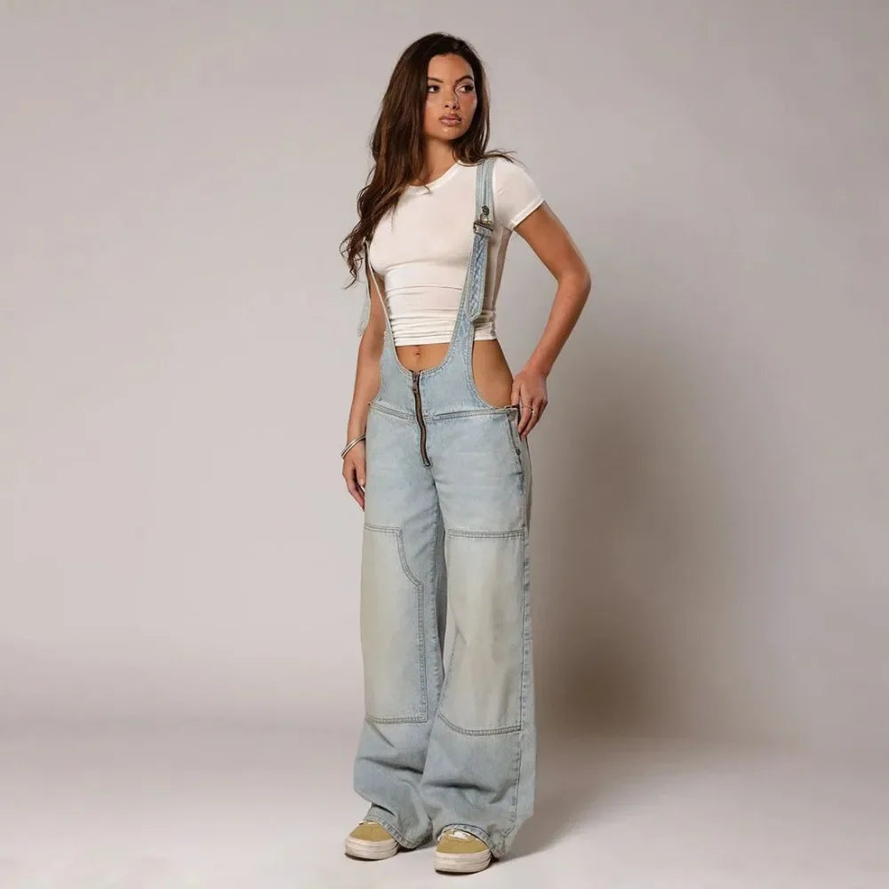 Jumpsuits Women Jeans Overalls Sexy Backless Vintage Full Length Denim Straight Pants Loose Pockets Distressed Washed Casual retro blue