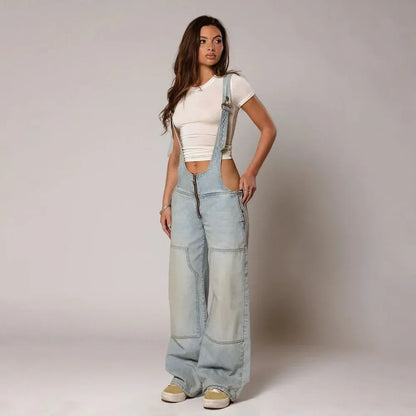 Jumpsuits Women Jeans Overalls Sexy Backless Vintage Full Length Denim Straight Pants Loose Pockets Distressed Washed Casual retro blue