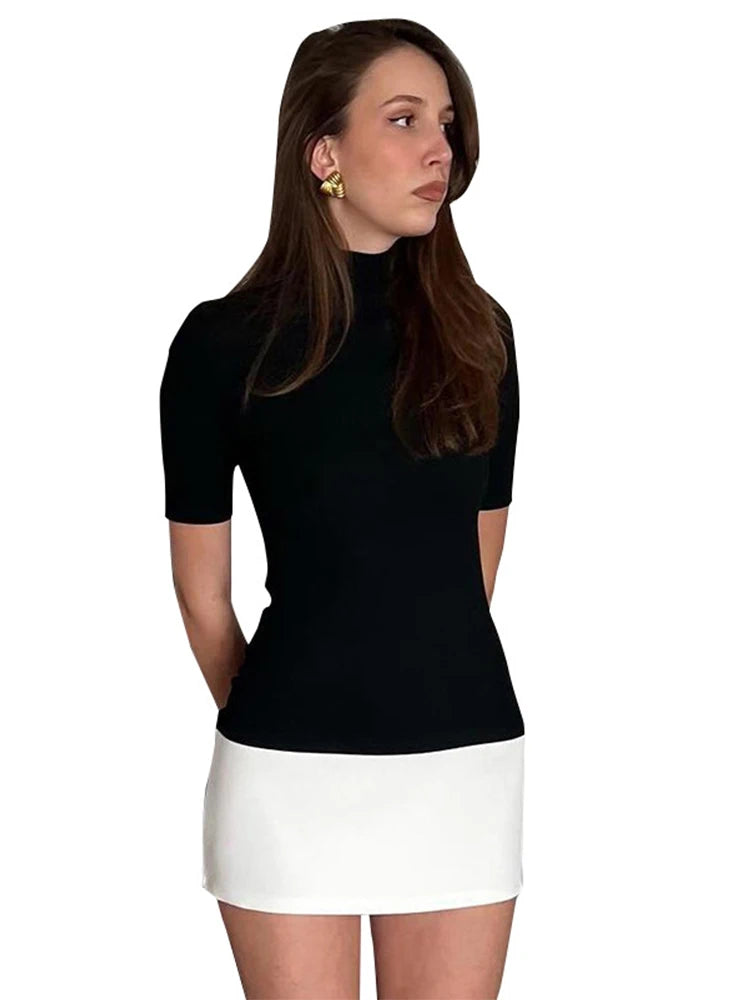 Summer 2025 Turtleneck Half Sleeve Mini Dresses French Style Fashion Elegant Black And White Patchwork Bodycon Dress