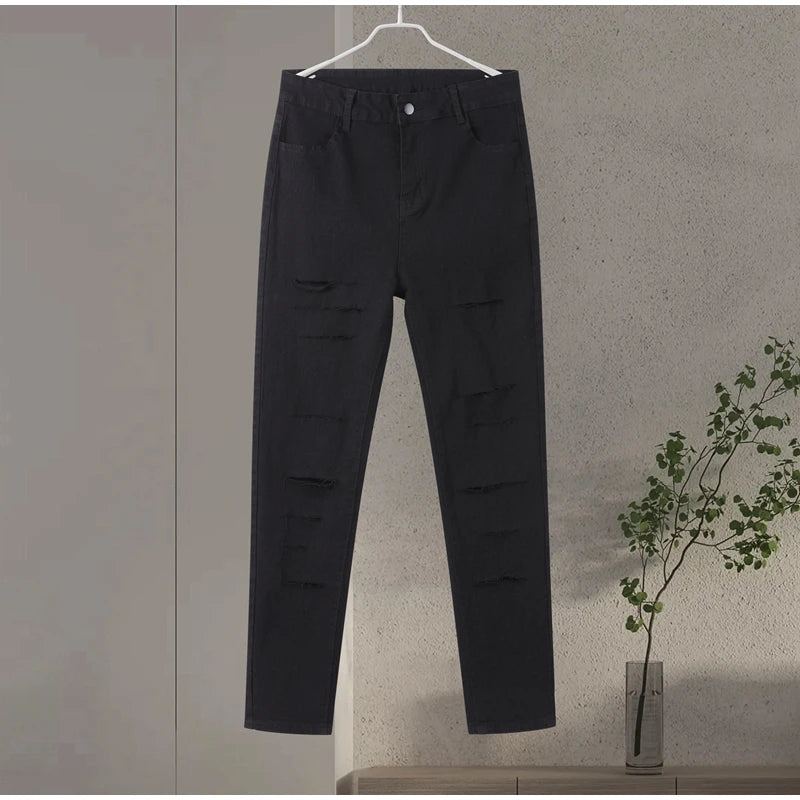 Fashion Stretchy Ripped Skinny Black Jeans Women Zipper Hollow Out Denim Jeans Casual Lady Street Bottoms
