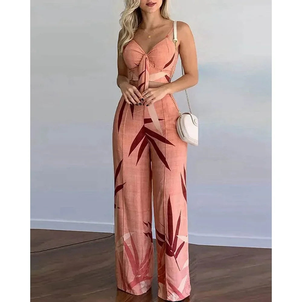 Summer Women Tropical Print Spaghetti Strap Casual Lace up Back Top &High Waist Pants Set 2 Pieces Suit Sets 2023 Woman Clothing Pink