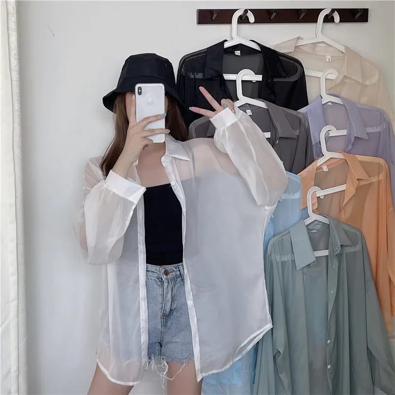Semi Sheer Long Sleeve Shirt for Women Shimmer Button Down Collared Plain Lightweight Shirt Spring Summer Chic Tops Outfit