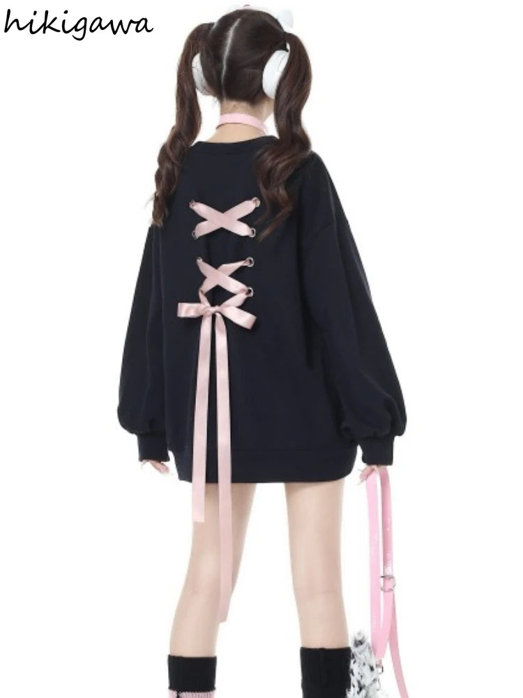 Sweet Sweatshirt Women Clothing Bow Bangage O-neck Long Sleeve Casual Y2k Tops 2025 Ropa Mujer Fashion Japanese Y2k Hoodies