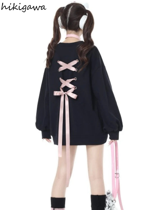 Sweet Sweatshirt Women Clothing Bow Bangage O-neck Long Sleeve Casual Y2k Tops 2025 Ropa Mujer Fashion Japanese Y2k Hoodies