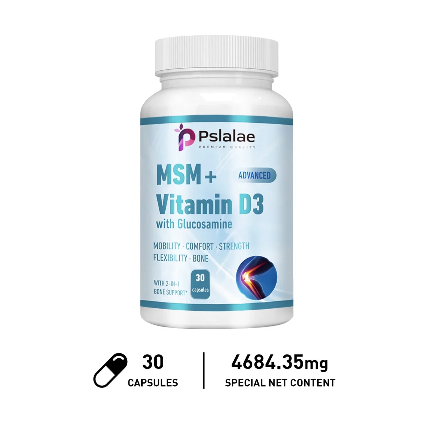 MSM + Vitamin D3 with Glucosamine - Joint Care, Supports Comfort and Flexibility, Strengthens Bones, Non-GMO 30 Capsules